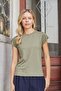 Women's Silky Fabric Wide Zero-Neck Short Sleeve Tshirt Blouse-Khaki
