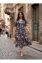 Women's Plus Size Dress Combed Cotton Short Sleeve V-Neck Buttoned Floral Pattern Midi Navy Blue - 3