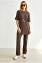 Women's Mink Ribbed Short Sleeve Top and Bottom Set Tkm-19000498 - 3