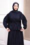 Navy Blue Collared Skirt Suit with Gathered Waist and Tie - 3