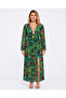 Women's Plus Size Green, Jersey Fabric, Sleeves Tulle, Front Detailed, Slit Dress 65N39509 - 4