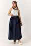 Women's navy blue pleated long skirt with crinkled lining - 4