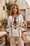 Women's White Embroidered Cotton Blouse with Pompom Tassels