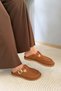 Women's Bohemian Tan Suede Genuine Leather Round Toe Slippers with Buckle Detail - 5