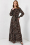 Women's V-Neck Belted Gathered Sleeve Leaf Patterned Viscose Brown Hijab Dress - 4