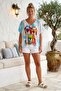 Italian Blue-White-Mint V-Neck Low Sleeve Slim Digital Printed Casual Mercerized Knitwear Blouse 66 65 - 4