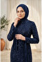 Beaded Tulle Hijab Evening Dress 5730-02 Navy Blue - 3