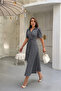 Women's Black and White Gingham Patterned Vintage Style Belted Midi Length Shirt Dress - 5