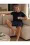 Men's Navy Blue Buttonless Crew Neck Summer Viscose Short Sleeve Pocketed Above Knee Shorts Pajama Set - 3