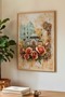 Pastel Colored Rose Motif and Mosque View Single Wooden Table with Natural Wood Frame Home and Business Table