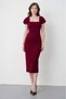 Women's Burgundy Crepe Fabric Square Collar Slit Detailed Midi Pencil Dress 99157 - 4