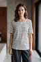 Women's Plus Size Lycra Crew Neck Striped Short Sleeve Mom T-Shirt Combed Cotton Blouse