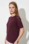 Women's Crew Neck Short Sleeve Openwork Detailed Knitwear Blouse 1550 Plum - 2