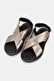 Women's Black Platinum Genuine Leather 36-41 Size Flat Sole Elastic Daily Sandals - 2