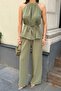 Women's Tie-Detail Blouse and Pants Set with Linen Texture - 5