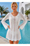 Women Front Back V-Neck Long Spanish Sleeve Back Tie Cotton White Mini Swimsuit Top Beach Dress - 3