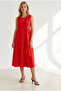 Women's Red Crew Neck Segmented Sleeveless Cotton Dress Elb-19002665