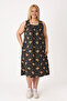 Women's Large Size Black Patterned Pocket Sleeveless Cotton Dress - 2