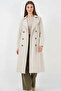 Women's Double-Breasted Collar Belted Printed Back A.Beige Trench Coat