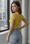 Women's Round Neck Short Lace Patterned Yellow Blouse - 2