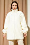 Women's High Collar Plush Ecru Hijab Coat - 3