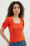 Women's Square Neck Short Sleeve Puffy Orange Blouse - 2