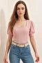 Women's Square Neck Short Sleeve Powder Blouse - 3