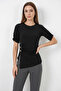 Women's Round Neck Button Detailed Gathered Sleeve Black Blouse - 3