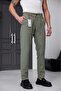Men's Khaki Relaxed Fit Elastic Waist Lace-Up Jogger Fabric Trousers with Side Pockets - 5