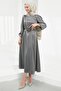 Smoked Rose Belt Detailed Balloon Sleeve Satin Evening Dress - 5