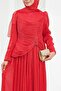 Red Front Gathered Pleated Evening Dress - 2
