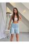 Women's Stoned Jean Bermuda Shorts High Waist Denim Shorts Medium Blue with Crystal Stone Detail - 3