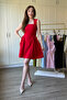 Waist-Tied Flared Short Red Dress - 8