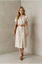 Women's Ecru Double-Breasted Straw Belted Natural Linen Dress Yy101387 - 2