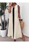 Women's Strappy V-Neck Front Stripe Detailed Slit Aerobin Long Dress - 3