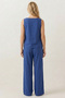 Cobalt Blue Color Thick Strap Blouse Elastic Waist Pants Woven Modal Top-Bottom Set 8051 - 4