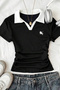 Glad Black Ribbed Polo Collar Lycra Embroidered Premium Drawstring Blouse Sweatpants - Top and Bottom Set - 2