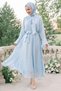 Wide Sleeve Baby Blue Dress with Scarf