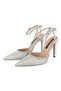 Women's Stone Cord Detailed Armor Fabric Pointed Toe Heeled Shoes Silver - 3