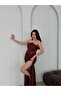 Burgundy Strapless Waist Detailed Sequined Evening Dress - 3