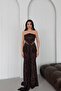 Brown Strapless Waist Detailed Sequined Evening Dress