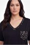 Women's plus size black blouse with stone detail on collar and pocket - 4