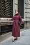 Women's Belt Detail, Elastic Waist, Buttoned Shirt Collar Dress, Burgundy - 2