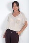Women's Italian Cotton V-Neck Knit Lace Oversize Linen Blouse with Single Pocket - 2