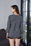 Women's Black and White Striped V-Neck Blouse – Comfortable Cut Blouse with Folded Sleeves - 7