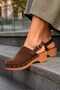 7607 Genuine Leather Suede Closed Front Troc Detailed Ankle Adjustable Buckle Strap Wedge Heeled Women's Sandals Brown