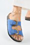 Fuga Women's Leather Genuine Leather Double Buckle Nubuck Blue Slippers - 4