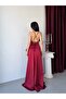 Dark Red Thin Straps Flounce Slit Satin Evening Dress - 7