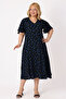 Women's Plus Size Black Floral Patterned Flounced Short Sleeve V-Neck Viscose Dress