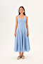 Blue Linen Strappy Square Neck A-Line Panel Detailed Cotton Midi Dress - 4